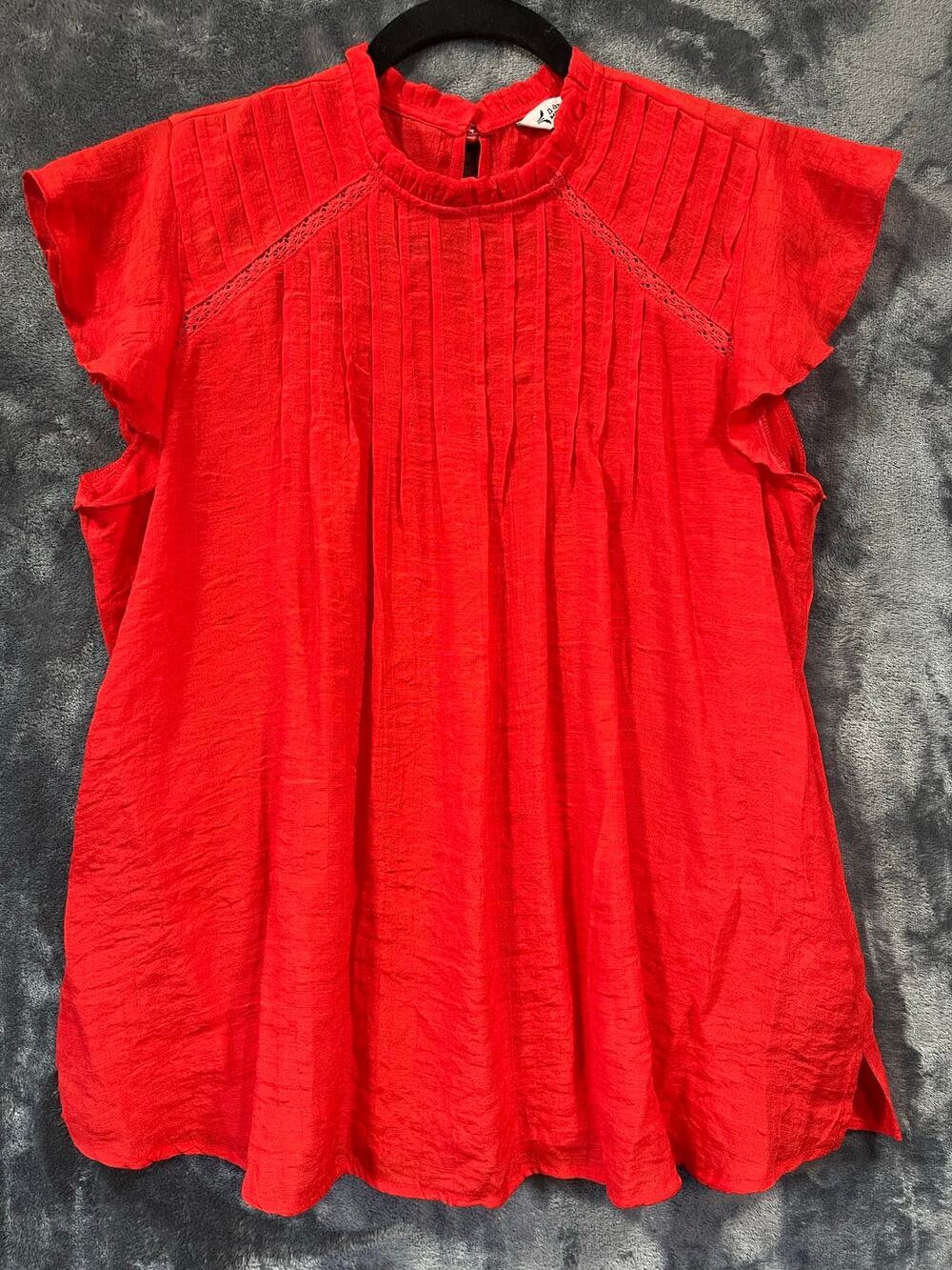 Nanette Lepore Poppy Red Flutter Sleeve Ruffle Neck Pintuck Blouse Womens M